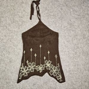Rave‎ Y2K Brown Beaded Floral Halter Top Baddie Bratz Summer Fairy Size Medium